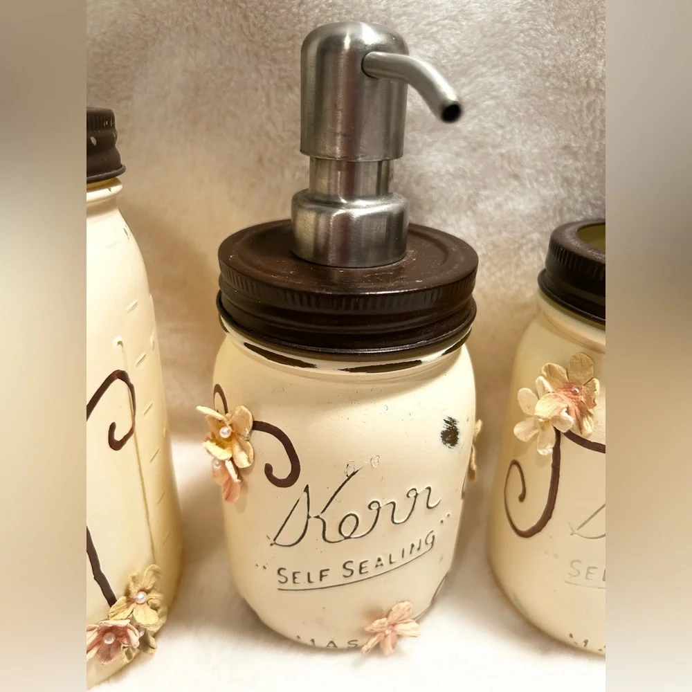 Rustic Farmhouse Mason Ball Kerr Jar 4 Pc Bathroom Set Ivory Chalk Paint